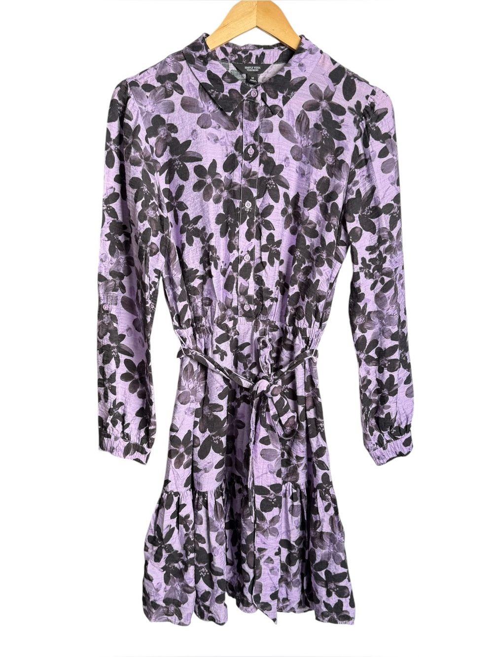 Simply Vera Vera Wang Mini Shirt Dress Size Medium Purple Floral Button Front - Picture 2 of 11
